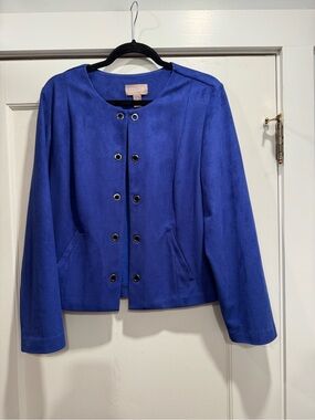 Chicos Suede like blue jacket metal grommet Large Career Office Modern Classic